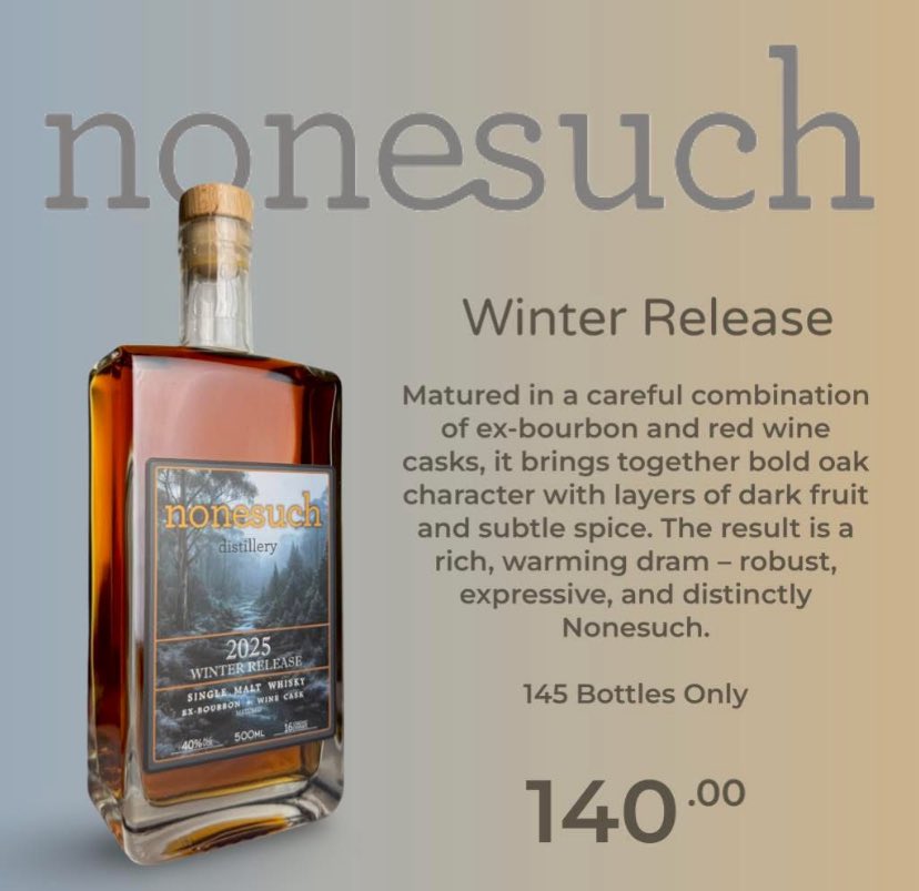 Only available on our website, not in bottle shops.  nonesuchdistillery.com.au
#whisky #tasmanianwhisky