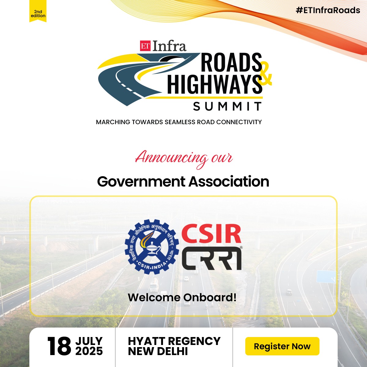 ET_Infra's tweet image. Science-led innovation for India’s road infrastructure.
Welcoming CSIR-CRRI (Central Road Research Institute) as a Government Association at the Roads &amp;amp; Highways Summit.

Register Now: …highways.economictimes.indiatimes.com/?utm_source=li…

#ETInfraRoads #CSIRCRRI #RoadResearch #GovtAssociation