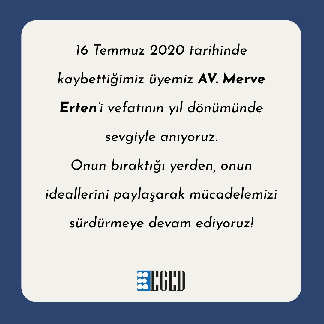 16 Temmuz 2020 tarihinde kaybettiğimiz üyemiz AV. Merve Erten’i vefatının yıl dönümünde sevgiyle anıyoruz.
Onun bıraktığı yerden, onun ideallerini paylaşarak mücadelemizi sürdürmeye devam ediyoruz!