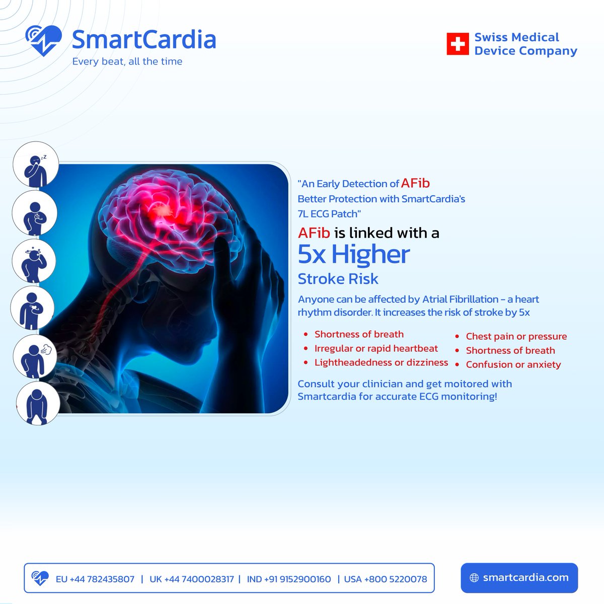 AFib Increases Stroke Risk by 5x – Detect Early, Stay Safe!
Atrial Fibrillation (AFib) can silently elevate your risk of stroke.
👉 Early detection saves lives. Take charge of your heart health today!
Experience better healthcare with SmartCardia.
 🌐 smartcardia.com