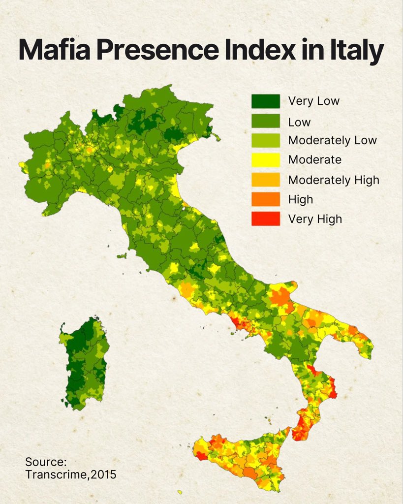 xruiztru's tweet image. The Mafia Presence Index across Italy, reveals a stark north-south divide in organized crime influence.