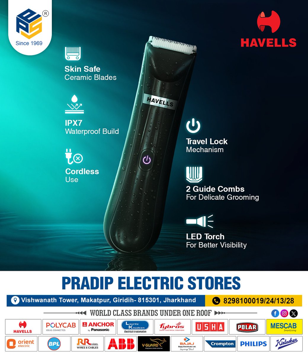 PESGiridih's tweet image. HAVELLS Trimmer ✨
Skin Safe • Waterproof • Travel-Ready

📞 Call us now at: 8298100013,19,24,28

Pradip Electric Stores
Makatpur, Giridih - 815301

#HavellsTrimmer #SmartGrooming #SkinSafeTech #TravelFriendly #PradipElectricStores #VishwanathTower #ElectricStores #Makatpur