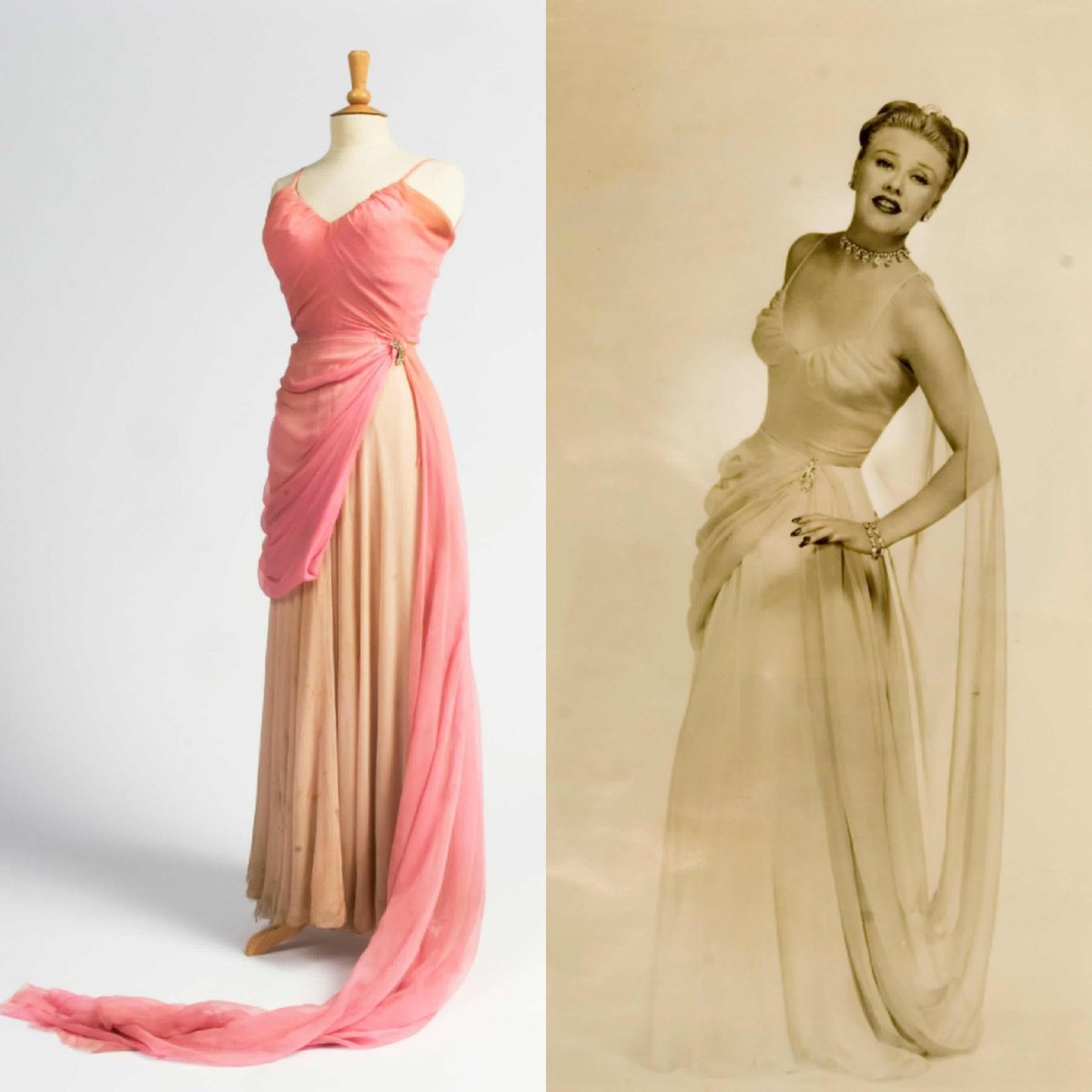 vickyhaddock's tweet image. American actress and dancer Ginger Rogers was born #OnThisDay in 1911. She wore this Irene designed sheer pink and peach-colored chiffon evening gown as Dinah in The Barkleys of Broadway (1949), the final film she made with Fred Astaire. Sold by @bonhams1793 #film #costume #dress
