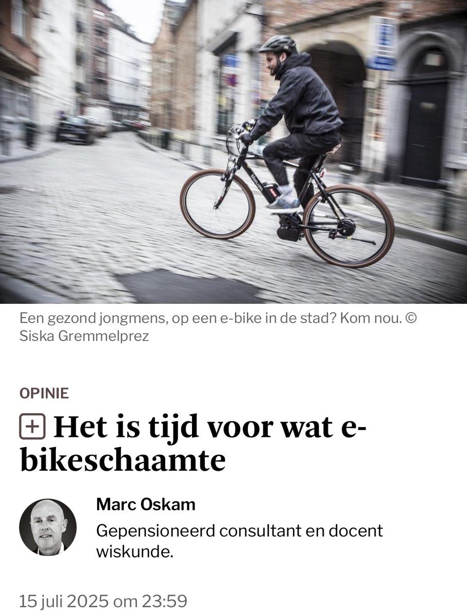 Dirk_Lauwers's tweet image. Nee Marc Oskam heeft geen gelijk. Ipv zijn standpunt te baseren op wat hij meent te mogen concluderen op wat hij tijdens een zondagse uitstap waarneemt zou hij beter het onderzoek lezen over gezondheidseffect van het e-bike gebruik…
standaard.be/opinies/het-is…