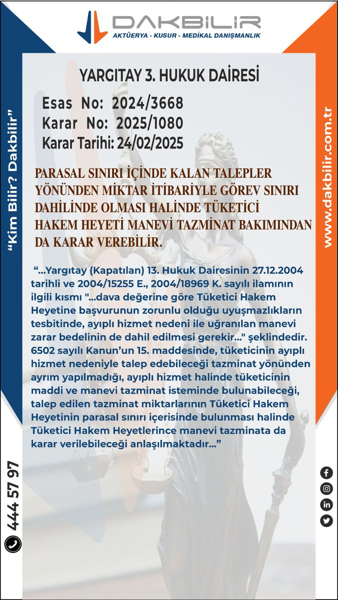 Dakbilircom's tweet image. PARASAL SINIRI İÇİNDE KALAN TALEPLER YÖNÜNDEN MİKTAR İTİBARİYLE GÖREV SINIRI DAHİLİNDE OLMASI HALİNDE TÜKETİCİ HAKEM HEYETİ MANEVİ TAZMİNAT BAKIMINDAN DA KARAR VEREBİLİR.
#tüketici #hakem #heyeti #manevi #tazminat