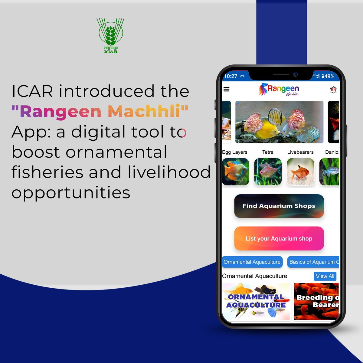 BidarKvk's tweet photo. ICAR introduced the "Rangeen Machhli" App: a digital tool to boost ornamental fisheries and livelihood opportunities. #OneICAR  @PMOIndia @ChouhanShivraj @mpbhagirathbjp @RNK_Thakur @PIB_India @AgriGoI @mygovindia https://t.co/UBI2YqO0d7