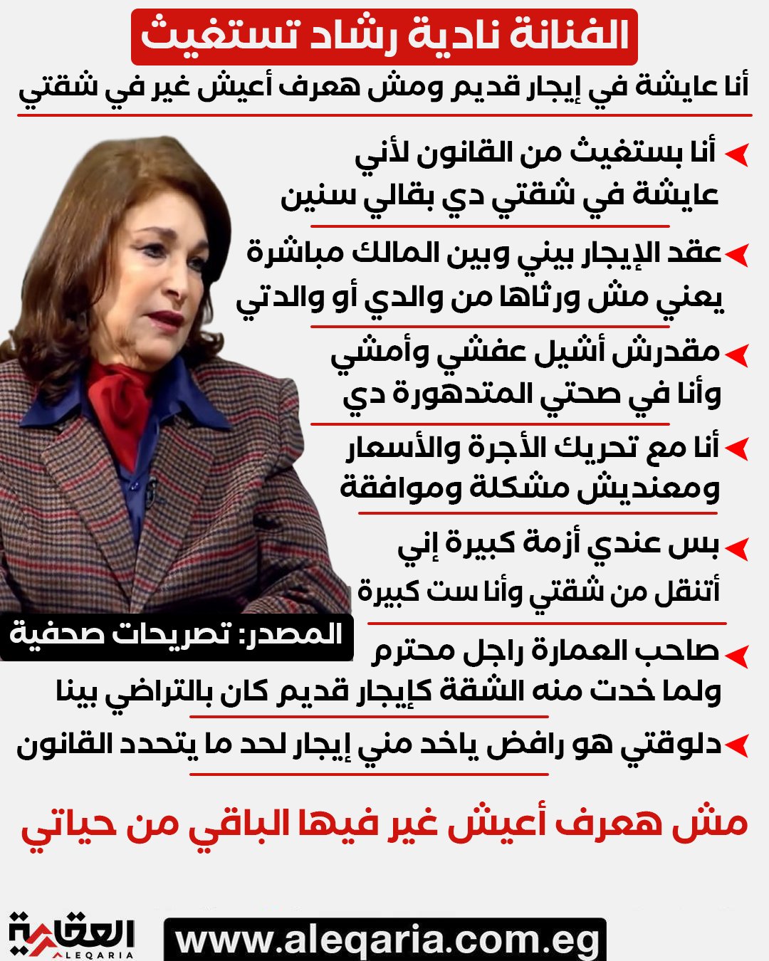 الفنانة القديرة نادية السيد تستغيث: شقتي إيجار قديم ومش هعرف أعيش غير فيها اللي بقاي من حياتي 