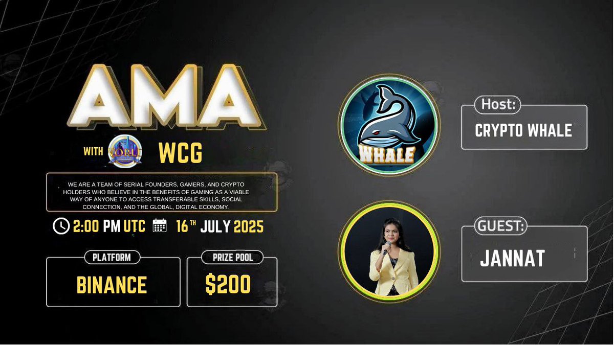 Crypto Whale Global (@cryptowhale1988) on Twitter photo 🎙️Join us for the BinanceLiveAMA series with #WCG
🕰️ Date: 16th July 2025, 2:00 PM UTC
🏆 Prize: $200
🏠 Venue: binance.com/en/live/u/2747…
〽️Rules:
1️⃣ Follow @Cryptowhale1988 & <a href="/WCG/">World Cyber Games</a>
2️⃣ Like & RT
3️⃣ Comment your Questions (Max 3)
4️⃣ Tag 3 Friends 🎙️Join us for the BinanceLiveAMA series with #WCG
🕰️ Date: 16th July 2025, 2:00 PM UTC
🏆 Prize: $200
🏠 Venue: binance.com/en/live/u/2747…
〽️Rules:
1️⃣ Follow @Cryptowhale1988 & <a href="/WCG/">World Cyber Games</a>
2️⃣ Like & RT
3️⃣ Comment your Questions (Max 3)
4️⃣ Tag 3 Friends