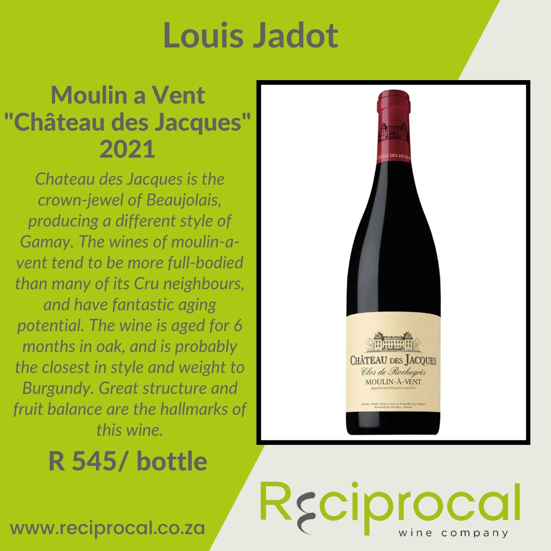 WINE WEDNESDAY

Our featured wine this week is the Moulin a Vent "Château des Jacques" 2021 from Louis Jadot.

View the wine on our website --> reciprocal.co.za/products/mouli…

#reciprocalwines #itsreciprocal #winewednesday #chateaudesjacques #louisjadot #beaujolais #gamaynoir