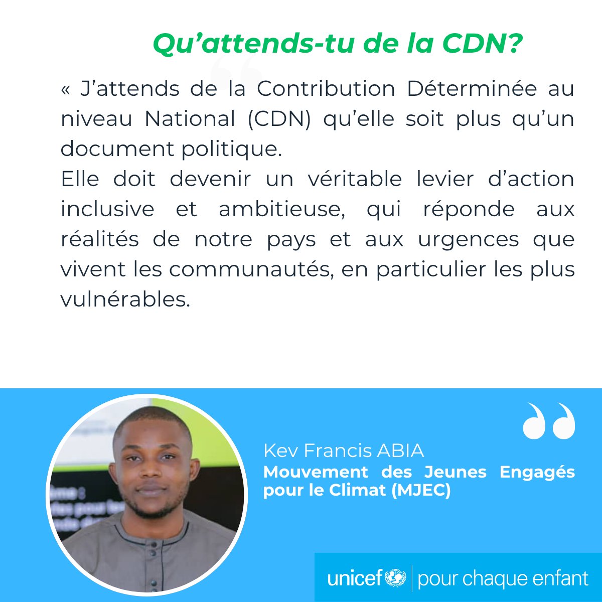 UNICEFcongoBZV's tweet photo. Nous commençons notre série sur les jeunes et la CDN avec Kev Abbia, Secrétaire Général de l'ONG MJEC.
Voici ce qu’il attend de la CDN !
#CDNCongo #CDN #PourChaqueEnfant 💙🌿 https://t.co/NsrQqp3OY4