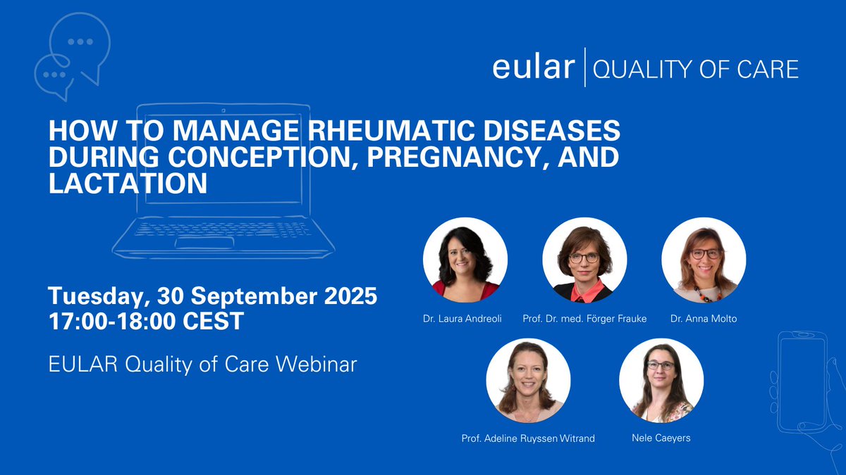 eular_org's tweet image. 📢Join the QoC Committee Webinar: "How to manage rheumatic diseases during conception, pregnancy and lactation".
💻Tuesday 30 September 2025, 17:00 - 18:00 CEST
Register here: pulse.ly/jnb48vcax9
#EULAR #Rheumatology #eularEDUCATION #QoC