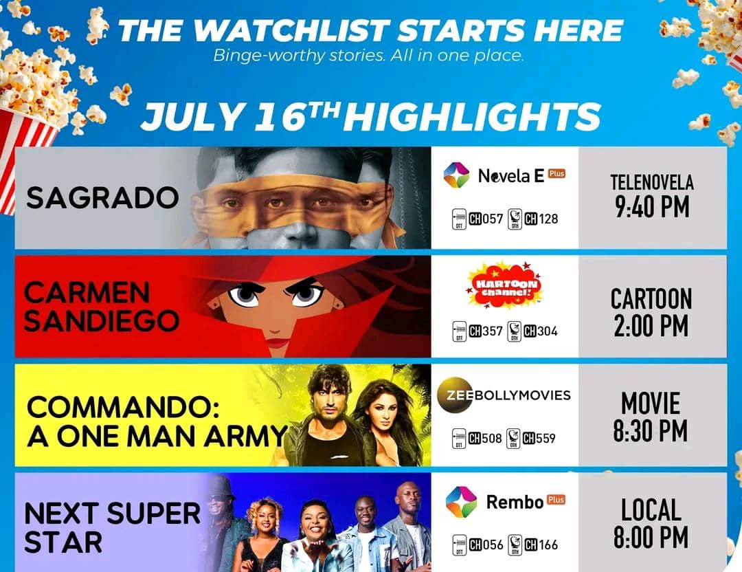 Starsatzimbabwe's tweet photo. Today on StarSat 🔥🔥

Catch the premiere of Sagrado on Novela E Plus, Carmen Sandiego on Kartoon, Commando: one man army on Zee Bollymovies, and Next Super Star on Rembo Plus!

What will you be watching today?

StarSat 
#EnjoyDigitalLife https://t.co/x6E78GgPll
