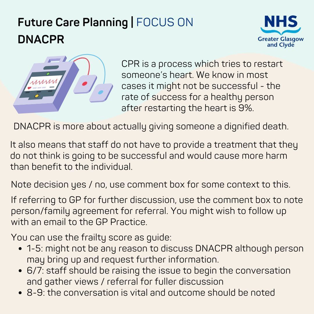 Discussing DNACPR (Do Not Attempt Cardiopulmonary Resuscitation) is crucial for ensuring that patients' wishes are respected and they receive the best care that is right for them @nhsggc.

More information 👉 gov.scot/publications/d…