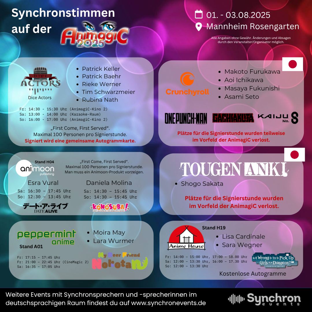 synchronevents's tweet image. Hier die (bisher) angekündigten Synchronstimmen auf der AnimagiC 2025 basierend auf dem Programmheft. Alle Angaben ohne Gewähr. Bitte Aushänge vor Ort beachten, falls es Änderungen gibt.

@AnimagiCtweet #animagic2025 #synchronsprecher #autogramme #anime #convention