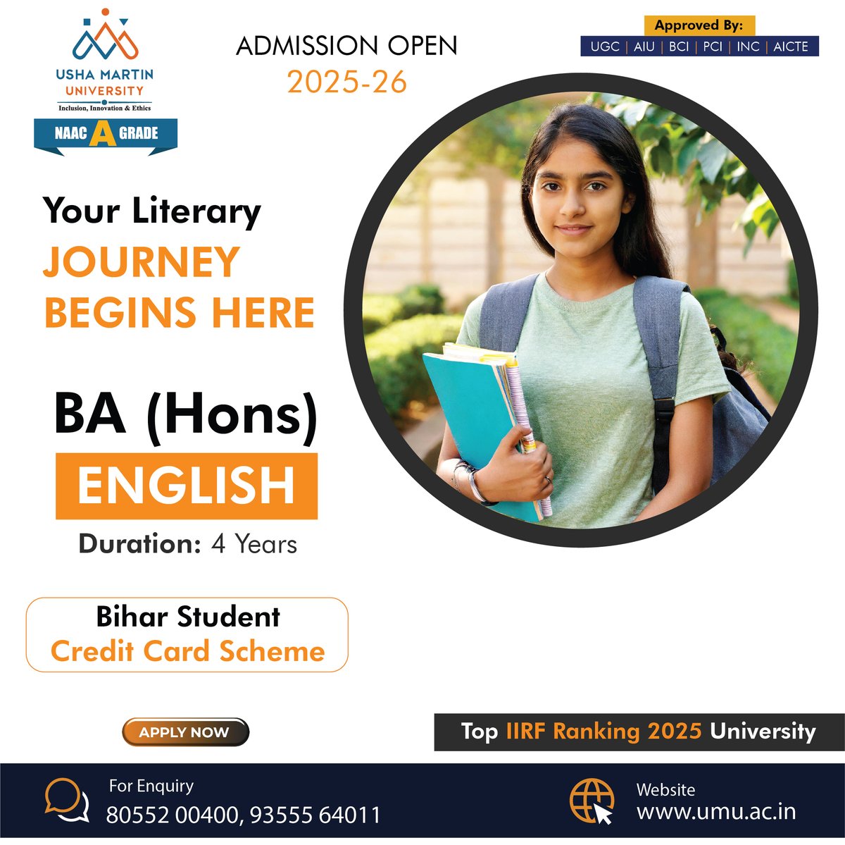 UshaMartinUnv's tweet image. Your Literary Journey Begins Here – Admissions Open 2025-26 for 𝐁𝐀 (𝐇𝐨𝐧𝐬) 𝐄𝐧𝐠𝐥𝐢𝐬𝐡 at Usha Martin University. Dive into literature, language, and creativity. Apply now to shape your future with words!
#ushamartinuniversity #artsprogramme #baenglish #admissionopen2025