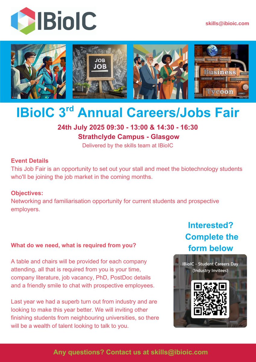 IBioIC's tweet image. π¨ Calling all industry and academic organisations!
IBioICβs 3rd Annual Careers & Jobs Fair
π€ Session 1: 09:30 β 13:00 | Session 2: 14:30 β 16:30
π Strathclyde Campus, Glasgow
β Delivered by the IBioIC Skills Team
Register your interest here π
buff.ly/bpxfpxA