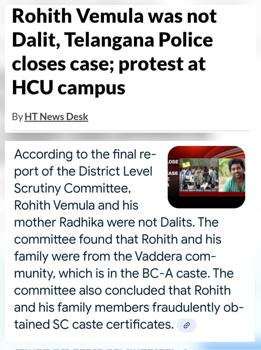 Facts:
1. Rohit Vemula was not a dalit!
His SC certificate was fake!

2. He was suspended from university for:
-Organizing protests supporting anti-national/separatist movement (opposing hanging of Yakub Memon, supporting Afzal Guru)
-Attacking ABVP student

3. His suic!de letter