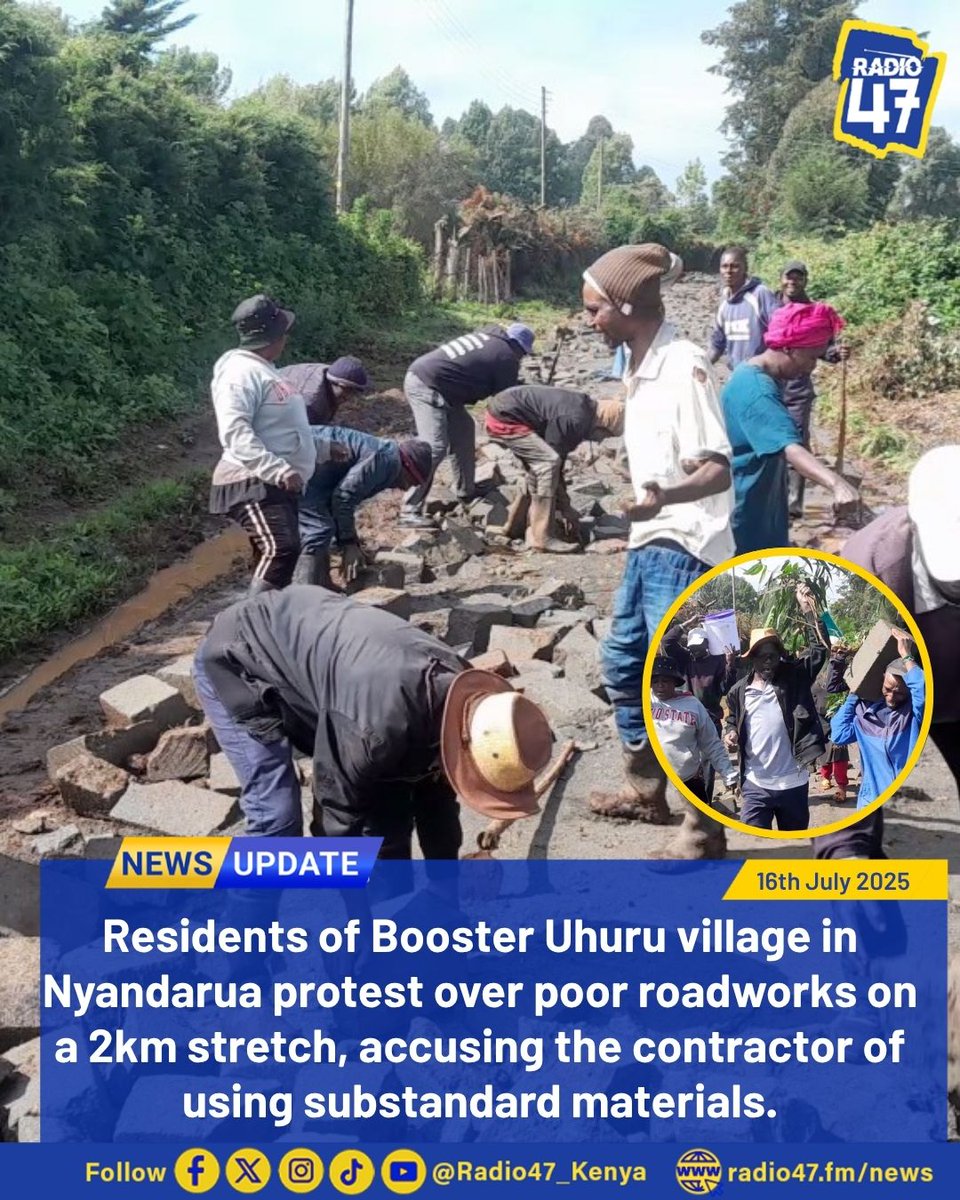 Wakazi wa kijiji cha Booster Uhuru, Kaunti ya Nyandarua, wameandamana kupinga ujenzi duni wa barabara ya kilomita 2 katike eneo hilo, wakidai mwanakandarasi kanatumia vifaa visivyoafikia viwango vinavyohitajika.

#HapaNdipo
