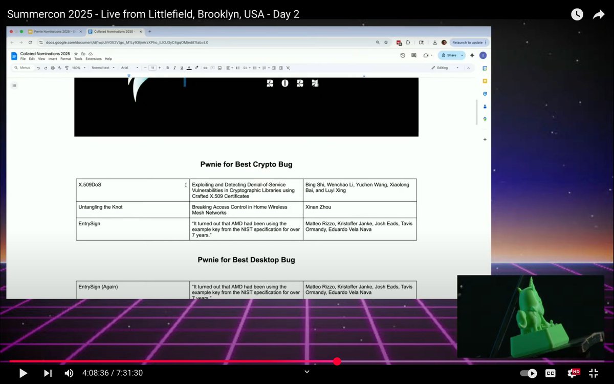 Bing Shi (@roadicing) on Twitter photo Glad to see that X.509DoS was nominated for the 2025 Pwnie Awards (<a href="/PwnieAwards/">Pwnie Awards</a>) for Best Cryptographic Attack. Please feel free to check out our USENIX Security paper and website for more details on the work.
* Paper: usenix.org/conference/use…
* Website: x509dos.com Glad to see that X.509DoS was nominated for the 2025 Pwnie Awards (<a href="/PwnieAwards/">Pwnie Awards</a>) for Best Cryptographic Attack. Please feel free to check out our USENIX Security paper and website for more details on the work.
* Paper: usenix.org/conference/use…
* Website: x509dos.com