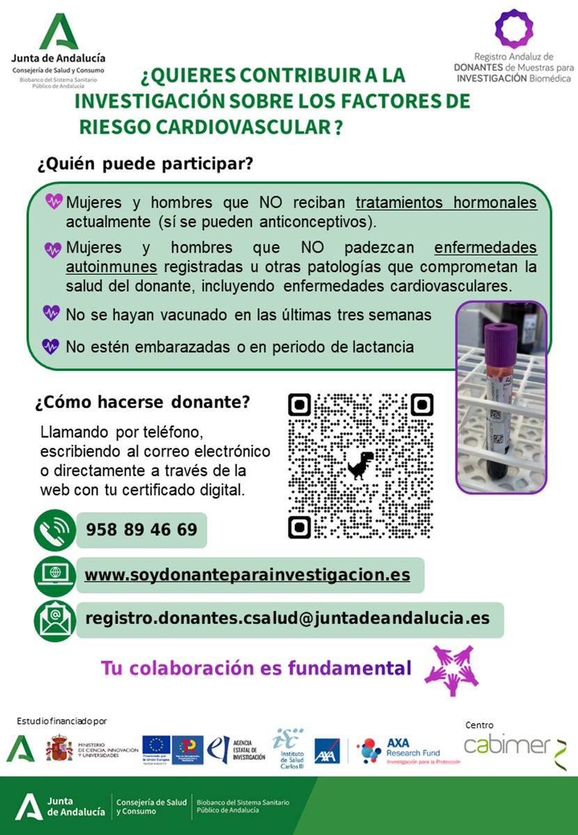 BiobancoDelSSPA's tweet image. ¿Quieres contribuir al desarrollo de la investigación en salud?
El @BiobancoDelSSPA te invita a participar en:
🫀 Estudio sobre riesgo cardiovascular
🧠 Una colección estratégica de enfermedades neurológicas
ℹ️registro.donantes.csalud@juntadeandalucia.es o en 958 894 669