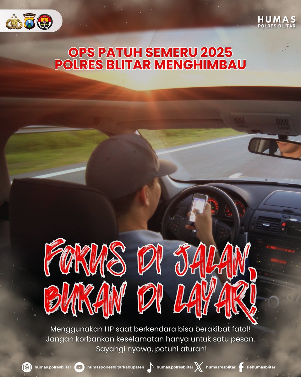 Fokus di Jalan bukan Di Layar. Jangan menggunakan HP saat berkendara. Utamakan keselamatan
 
~ call center 110 bebas pulsa atau bisa
~ 0812 2913 2005
~ @arif_fazlurrahman

#polresblitarmenujuWBK
#polresblitarkabupaten
#polripresisi
#polisibaik 
#opspatuhsemeru2025
#opspatuh