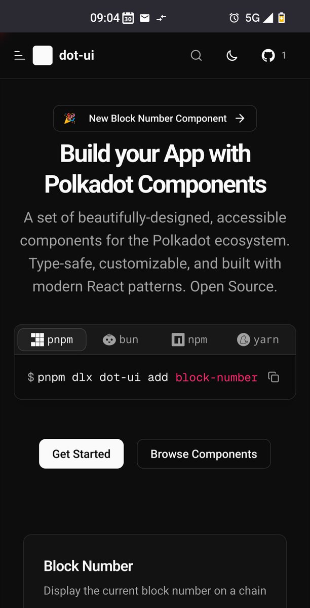Early preview of the Polkadot UI component library website

The goal is to have simple commands to add components to your react app

npx add dot-ui tx-notification

choose papi or dedot

I will be <a href="/Web3summit/">Web3 Summit</a> today and at the <a href="/joinwebzero/">WebZero</a> hackathon.

Let's chat frontend