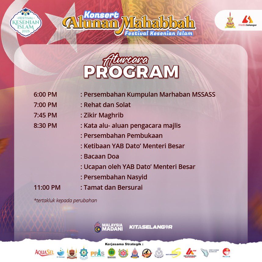 suk_selangor's tweet image. Jom beramai-ramai hadir ke Festival Kesenian Islam Selangor 2025 yang akan menghimpunkan Program Darul Ehsan Berselawat 8.0 dan Konsert Alunan Mahabbah yang akan diadakan seperti ketetapan berikut :

🗓️ 19 dan 20 Julai 2025
⏰ 8.30 Malam
📍 Dataran Kemerdekaan Shah Alam