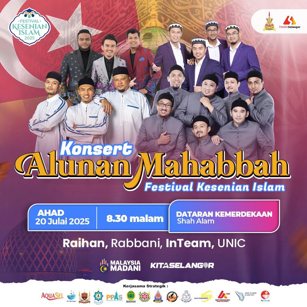 suk_selangor's tweet image. Jom beramai-ramai hadir ke Festival Kesenian Islam Selangor 2025 yang akan menghimpunkan Program Darul Ehsan Berselawat 8.0 dan Konsert Alunan Mahabbah yang akan diadakan seperti ketetapan berikut :

🗓️ 19 dan 20 Julai 2025
⏰ 8.30 Malam
📍 Dataran Kemerdekaan Shah Alam