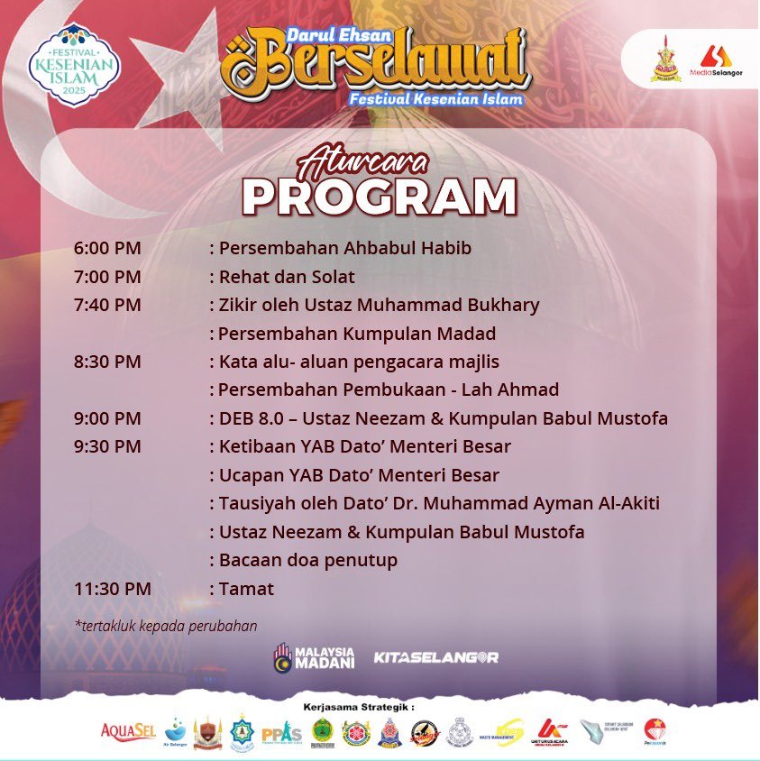 suk_selangor's tweet image. Jom beramai-ramai hadir ke Festival Kesenian Islam Selangor 2025 yang akan menghimpunkan Program Darul Ehsan Berselawat 8.0 dan Konsert Alunan Mahabbah yang akan diadakan seperti ketetapan berikut :

🗓️ 19 dan 20 Julai 2025
⏰ 8.30 Malam
📍 Dataran Kemerdekaan Shah Alam