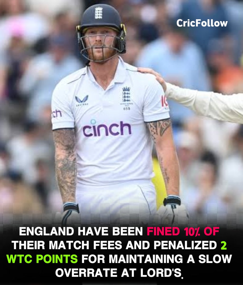 CricFollow56's tweet image. England have been given an opportunity to reflect on their pace, receiving a 10% deduction in match fees and 2 WTC points, encouraging them to optimize their overrate at Lord&apos;s.👀🫵 

#ICC | #INDvENGTest