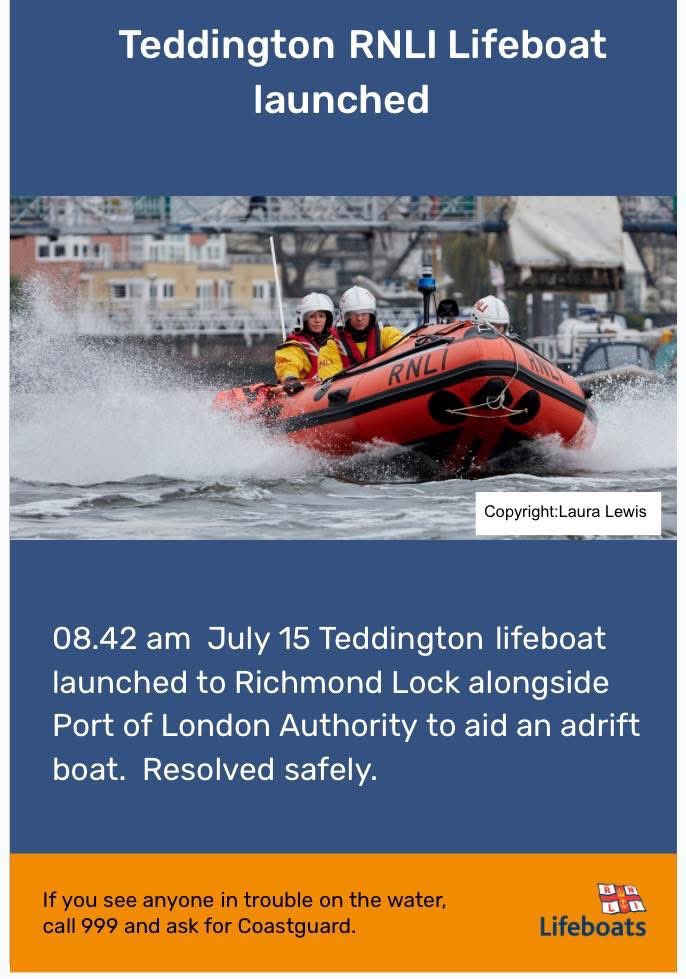 Teddington Lifeboat (@rnli_teddington) on Twitter photo 8.42 am 15 July Teddington RNLI lifeboat launched to Richmond Lock alongside Port of London Authority to aid a boat adrift attached to another boat alongside, both without power, with one person onboard drifting towards Richmond Lock. #rnli, #teddington #richmonduponthames. 8.42 am 15 July Teddington RNLI lifeboat launched to Richmond Lock alongside Port of London Authority to aid a boat adrift attached to another boat alongside, both without power, with one person onboard drifting towards Richmond Lock. #rnli, #teddington #richmonduponthames.