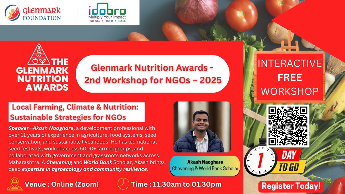 🌾 1 Day Left! Join NGOs for a free Zoom workshop on local farming, climate &amp; nutrition. Led by Akash Naoghare. To register scan QR or visit, us02web.zoom.us/meeting/regist…  
#NGOWorkshop #NutritionForAll #GNA25