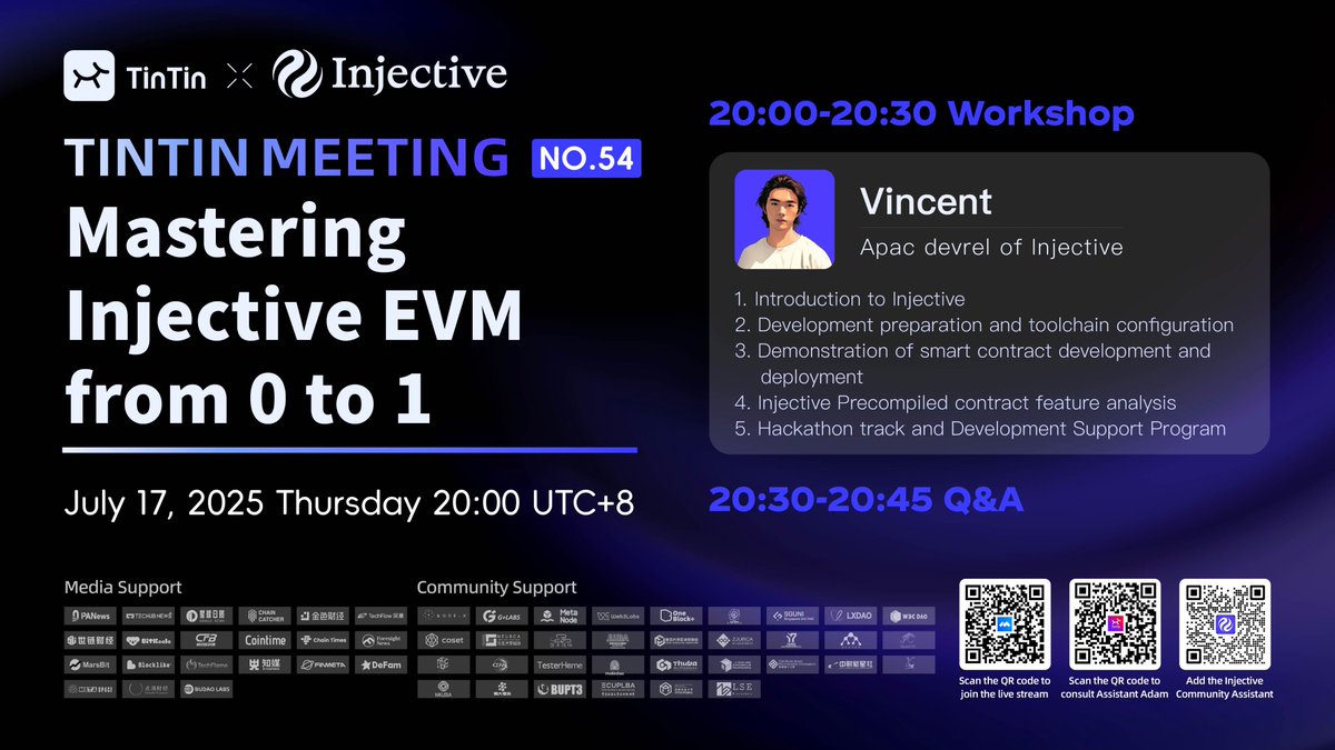 TinTinLand (@ourtintinland) on Twitter photo 🔧 Want to get started with @Injective 's EVM environment but don't know where to begin?
TinTinMeeting NO.54: Mastering Injective EVM from 0 to 1 - Guiding You!
📅 time: 20:00 on Thursday, July 17th
🎙️ guest: <a href="/chuhanVcrypto/">Chuhan(Vincent)</a> / <a href="/injective/">Injective 🥷</a> head of developer relations for Asia 🔧 Want to get started with @Injective 's EVM environment but don't know where to begin?
TinTinMeeting NO.54: Mastering Injective EVM from 0 to 1 - Guiding You!
📅 time: 20:00 on Thursday, July 17th
🎙️ guest: <a href="/chuhanVcrypto/">Chuhan(Vincent)</a> / <a href="/injective/">Injective 🥷</a> head of developer relations for Asia