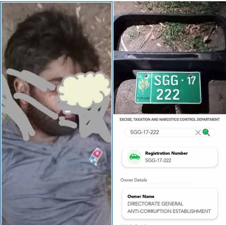 Khan Views (@vpn804) on Twitter photo سرگودھا میں محکمہ اینٹی کرپشن کے زیر استعمال سرکاری ویگو کی ٹکر سے ڈیلیوری بوائے 25 سالہ نوجوان طاہر بلال جاں بحق ہوگیا۔سرکاری ویگو (SGG-222) نے نوجوان کو ٹکر ماری اور موٹر سائیکل سمیت گھسیٹتے ہوئےلے گئی۔
خبر دبوانے کے لئے پریشر جاری ہے۔ سرگودھا میں محکمہ اینٹی کرپشن کے زیر استعمال سرکاری ویگو کی ٹکر سے ڈیلیوری بوائے 25 سالہ نوجوان طاہر بلال جاں بحق ہوگیا۔سرکاری ویگو (SGG-222) نے نوجوان کو ٹکر ماری اور موٹر سائیکل سمیت گھسیٹتے ہوئےلے گئی۔
خبر دبوانے کے لئے پریشر جاری ہے۔
