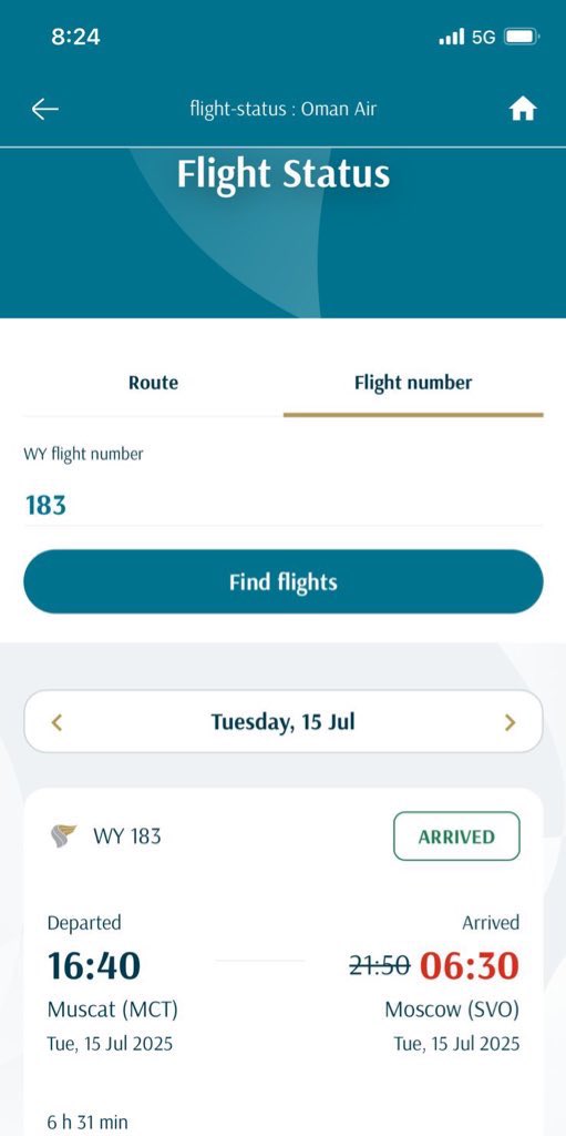 محمد بن نبهان الصلتي (@mohamedsalti) on Twitter photo رسالة إلى <a href="/omanair/">Oman Air</a> <a href="/Said_almaawali_/">Eng. Said Hamood Al Maawali</a>
رحلة مسقط-موسكو WY183 بتاريخ ١٥ يوليو ٢٠٢٥م التي كانت تقل أهلي، حلقت في الأجواء لساعات ولدى وصولها لأجواء دولةٍ ما لم يسمح لها بالتحليق في تلك المنطقة "حسب إفادة طاقم الطائرة" ثم عادت إلى مسقط و أقعلت مره أخرى بعد ساعات بعد تغيير طاقم الرحلة رسالة إلى <a href="/omanair/">Oman Air</a> <a href="/Said_almaawali_/">Eng. Said Hamood Al Maawali</a>
رحلة مسقط-موسكو WY183 بتاريخ ١٥ يوليو ٢٠٢٥م التي كانت تقل أهلي، حلقت في الأجواء لساعات ولدى وصولها لأجواء دولةٍ ما لم يسمح لها بالتحليق في تلك المنطقة "حسب إفادة طاقم الطائرة" ثم عادت إلى مسقط و أقعلت مره أخرى بعد ساعات بعد تغيير طاقم الرحلة