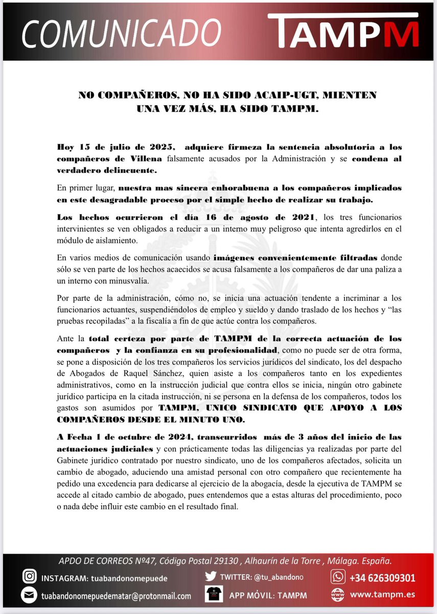 tu_abandono's tweet photo. 🗣️ #Comunicado | Este sindicato tiene el DEBER de Informar mediante el presente escrito, y una vez que la Sentencia es FIRME, acerca de LA VERDAD entorno al juicio con Sentencia Absolutoria de los Funcionarios de prisiones del C.P de Villena, acusados injustamente de malos tratos a un interno.

👉🏼 La realidad es que el sindicato UGT-acaip se atribuyó FÁLSAMENTE la victoria judicial que absolvió a los compañeros y además se apropió CON IGUAL FALSEDAD del Excelente trabajo de Nuestro Gabinete Jurídico @sancheznavarr_ 

👉🏼 No todo vale, con mentiras NO SE DEFIENDE a los Trabajadores Penitenciarios‼️

#TAMPM 🏴