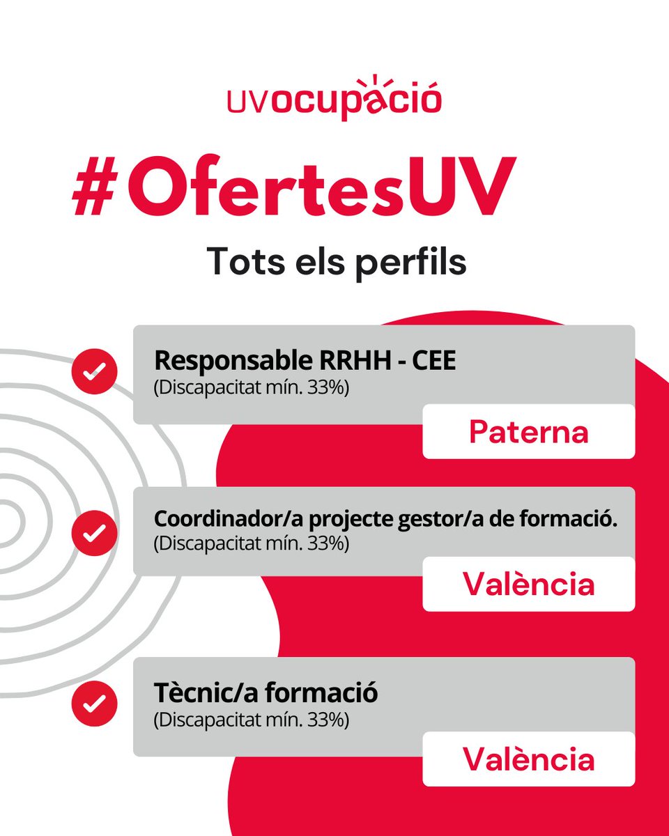 UVocupació (@uvocupacio) on Twitter photo Dimecres de #OfertesUV <a href="/UV_EG/">Universitat València</a> 🔝
Amb noves oportunitats professionals . Troba la teua!
🚀 uvocupacio.uv.es/gestionopal/al… Dimecres de #OfertesUV <a href="/UV_EG/">Universitat València</a> 🔝
Amb noves oportunitats professionals . Troba la teua!
🚀 uvocupacio.uv.es/gestionopal/al…