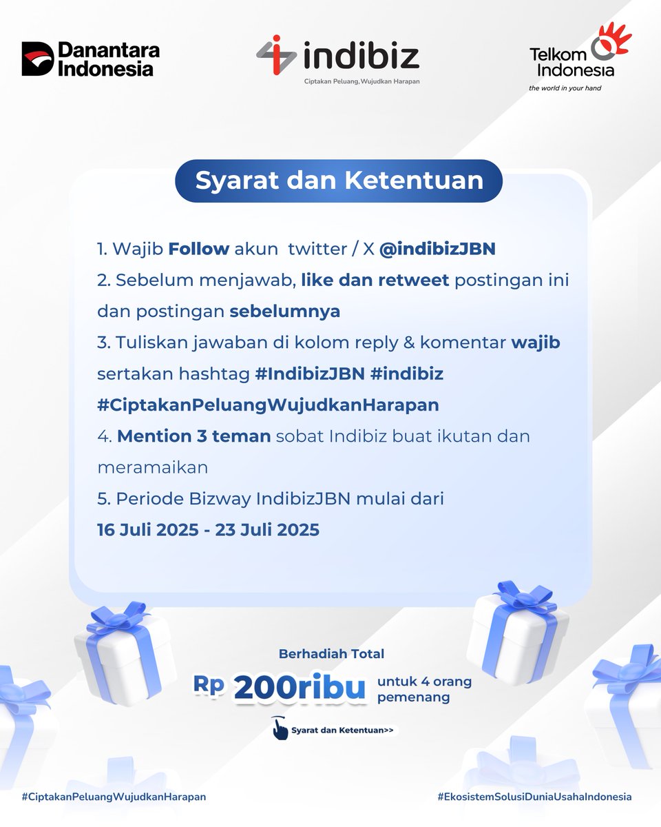 GIVEAWAY ALERT !
Yuk, ikutan #Bizaway dari IndibizJBN !
dengan menjawab pertanyaan ini yaa &amp; dapatkan Rp 200ribu untuk 4 pemenang beruntung..

Caranya gampang banget, cek di syarat ketentuan yaa!

Periode: 16 Juli - 23 Juli 2025
Jangan sampai ketinggalan, yuk buktikan kamu tau