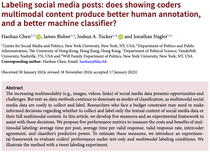 PSRMJournal's tweet image. 🧪Labeling multimodal social media data is costly.
➡H Chen @JamesBisbee @j_a_tucker & @Jonathan_Nagler propose five metrics to assess the costs/benefits of multimodal versus text only labeling, illustrated through a tweet labeling experiment cambridge.org/core/journals/… #FirstView