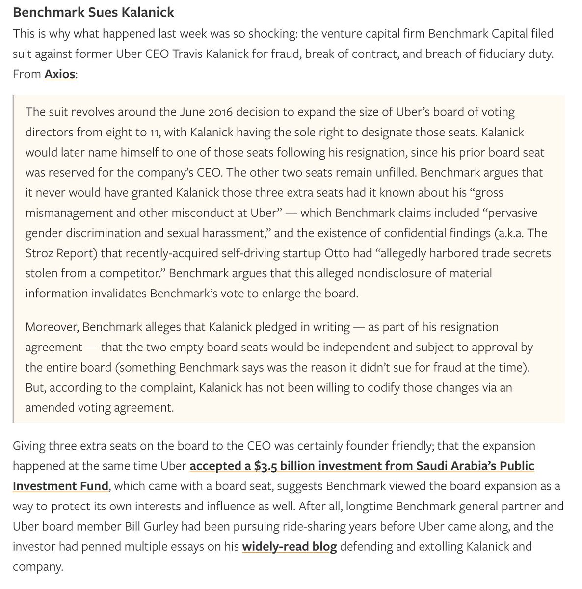 manasjsaloi's tweet image. To understand the Windsurf deal, you can ignore most of the recent noise on Twitter and read this Ben Thompson's post on the Uber Dilemma, when Uber’s earliest investors sued Travis Kalanick.
Written way back in 2017.
Source: The Uber Dilemma in Stratechery.