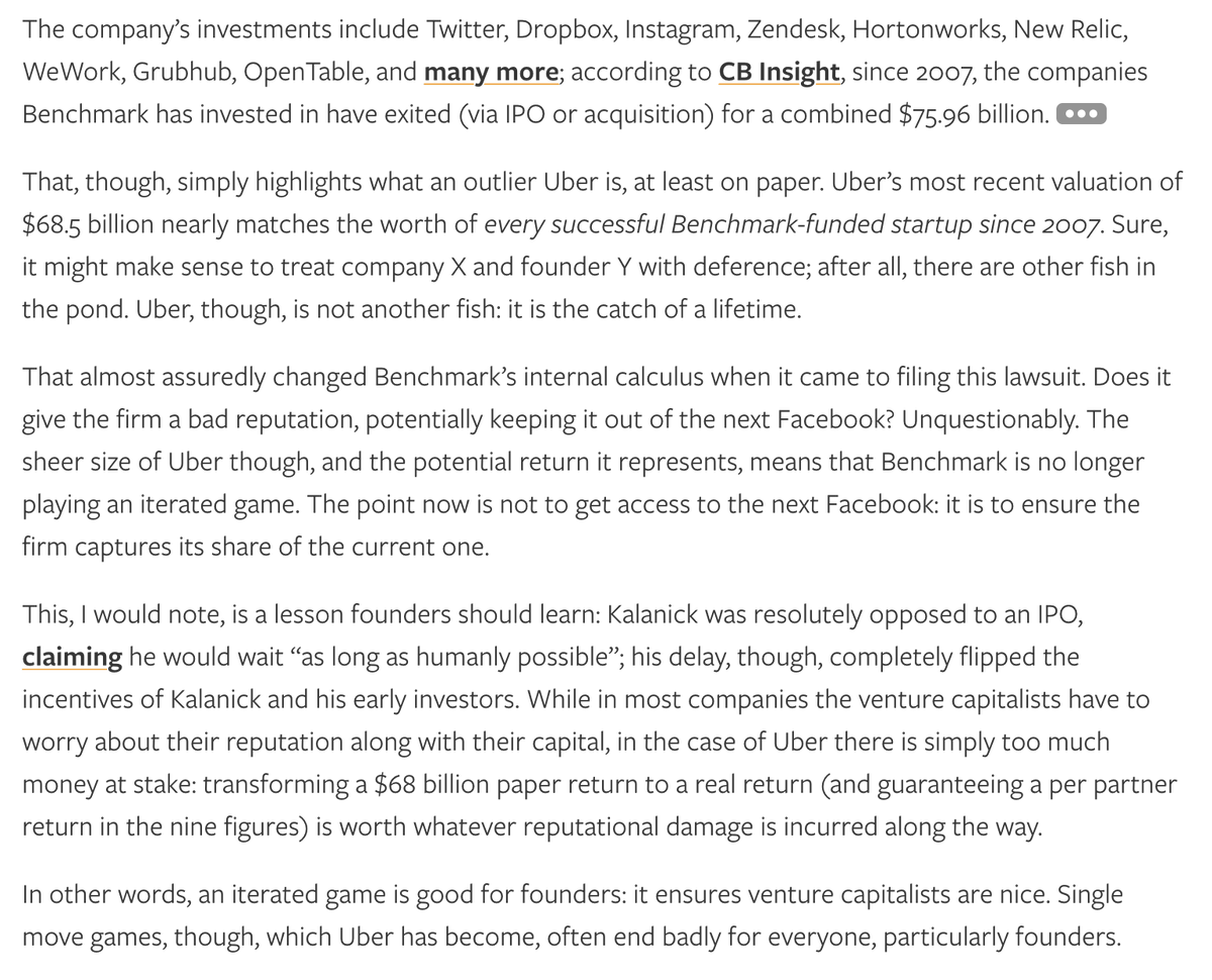 manasjsaloi's tweet image. To understand the Windsurf deal, you can ignore most of the recent noise on Twitter and read this Ben Thompson's post on the Uber Dilemma, when Uber’s earliest investors sued Travis Kalanick.
Written way back in 2017.
Source: The Uber Dilemma in Stratechery.
