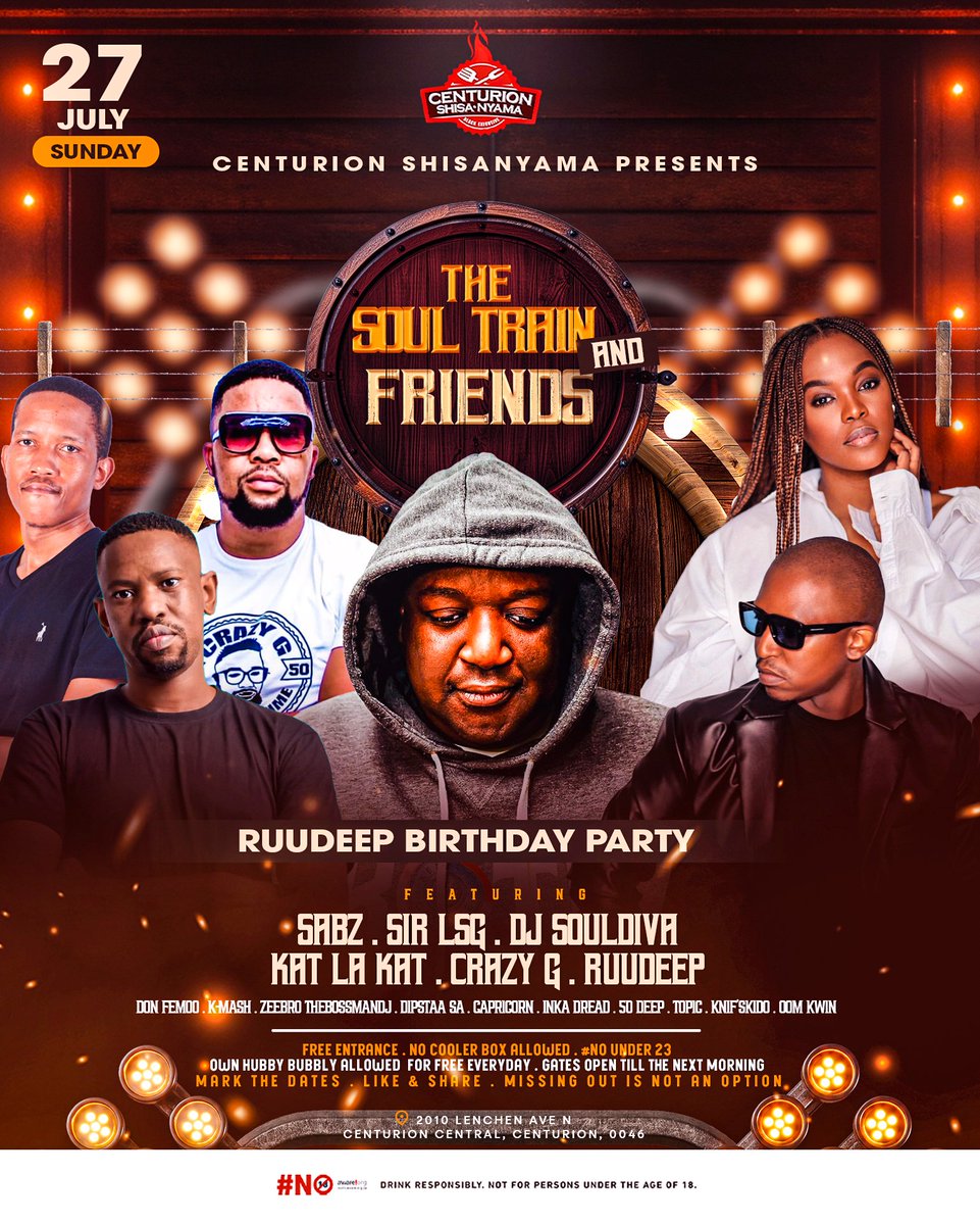 #SoulTrain (@djsabz_za) on Twitter photo THE SOUL TRAIN & FRIENDS Sunday 27/07/25
<a href="/CenturionShisa1/">CenturionShisanyama</a>
Featuring <a href="/SirLSG_SA/">Sir LSG</a> <a href="/Dj_SoulDiva/">Palesa Sefako</a> <a href="/Katlakat/">Kat La Kat</a> @gugucrazyg @ruudeep
Let's make it hottttttt π₯π₯π₯π₯π₯π₯
πππ THE SOUL TRAIN & FRIENDS Sunday 27/07/25
<a href="/CenturionShisa1/">CenturionShisanyama</a>
Featuring <a href="/SirLSG_SA/">Sir LSG</a> <a href="/Dj_SoulDiva/">Palesa Sefako</a> <a href="/Katlakat/">Kat La Kat</a> @gugucrazyg @ruudeep
Let's make it hottttttt π₯π₯π₯π₯π₯π₯
πππ