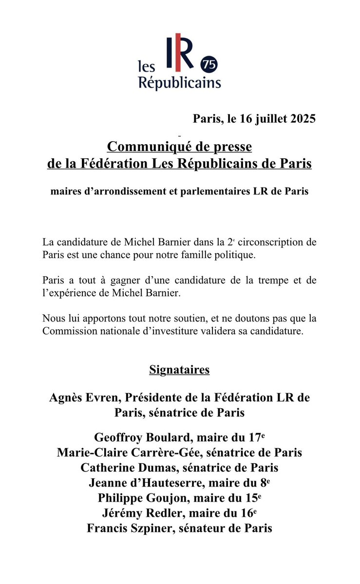 Fédération LR de Paris (@lrepublicains75) on Twitter photo La Fédération LR de Paris, les maires d’arrondissement et parlementaires LR de Paris apportent leur soutien à la candidature de <a href="/MichelBarnier/">Michel Barnier</a> à l’élection législative partielle dans la 2e circonscription de Paris. Notre communiqué ⤵️ La Fédération LR de Paris, les maires d’arrondissement et parlementaires LR de Paris apportent leur soutien à la candidature de <a href="/MichelBarnier/">Michel Barnier</a> à l’élection législative partielle dans la 2e circonscription de Paris. Notre communiqué ⤵️