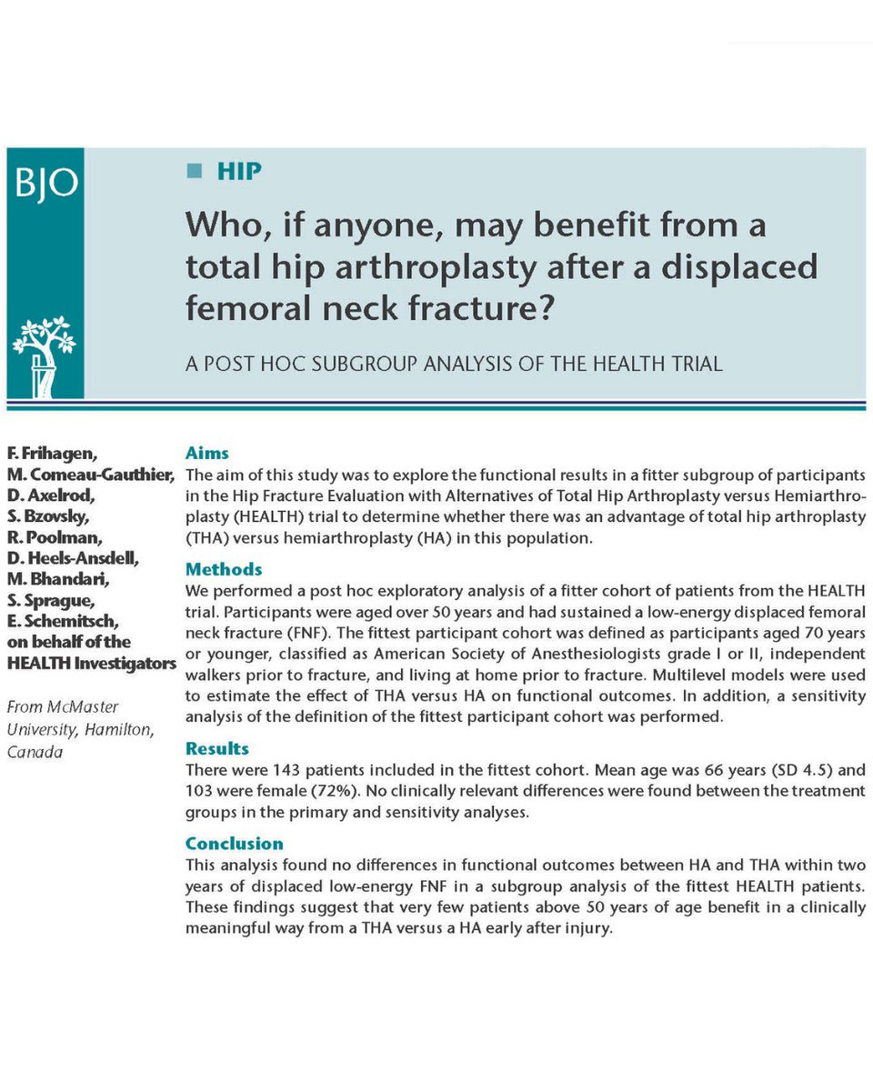 BoneJointOpen's tweet image. No relevant clinical advantage was found with total hip arthroplasty compared to hemiarthroplasty in fit patients aged 50 to 70 years with a displaced femoral neck fracture.
#BJO #Trauma #Fracture #Arthroplasty #OrthoTwitter @FredeFrihagen @daxelrod
ow.ly/3BRX50WmzZw