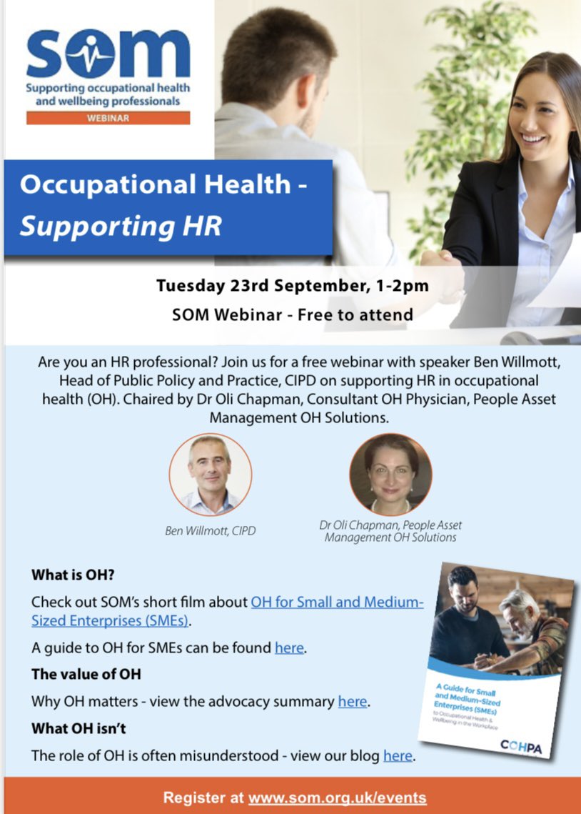 somceo's tweet image. Occupational health-supporting HR
For all your #HR colleagues..
Book at som.org.uk/events
@Cheese_Peter @CIPD @CIPD_Events @CIPDpolicy @CIPD_CLB @HRinform @CIPD_SWL @SussexCipd @cipdlondon @OHWplus @SOMNews