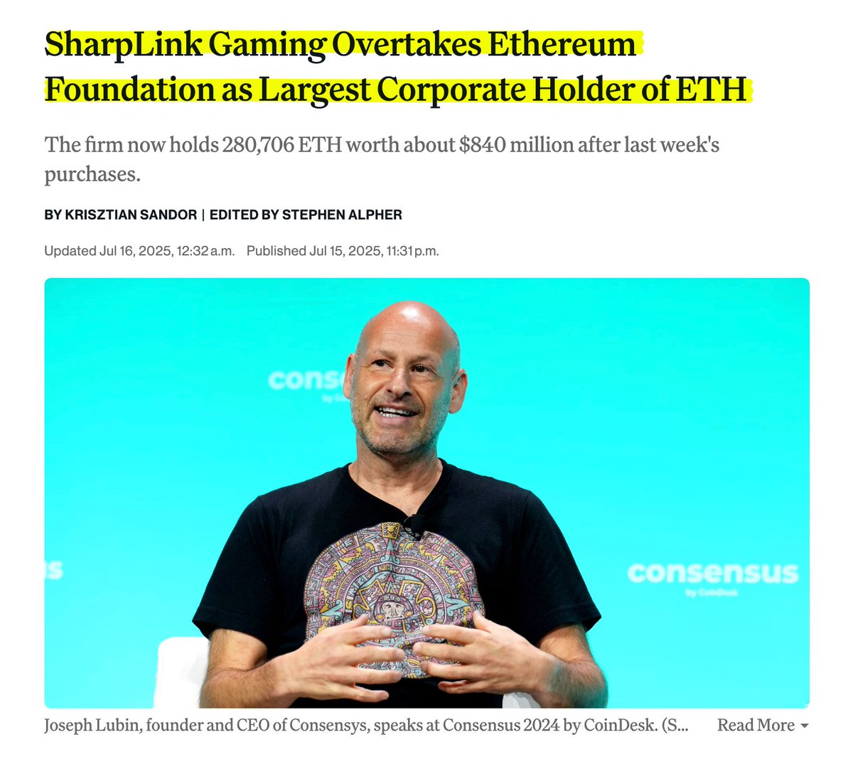 山寨币爆拉在即？SharpLink Gaming 跻身成为ETH 最大庄家。 在2025 年7 月7 日至11 日之间购入74,656  枚ETH，均价约为2,852 美元，总投入约