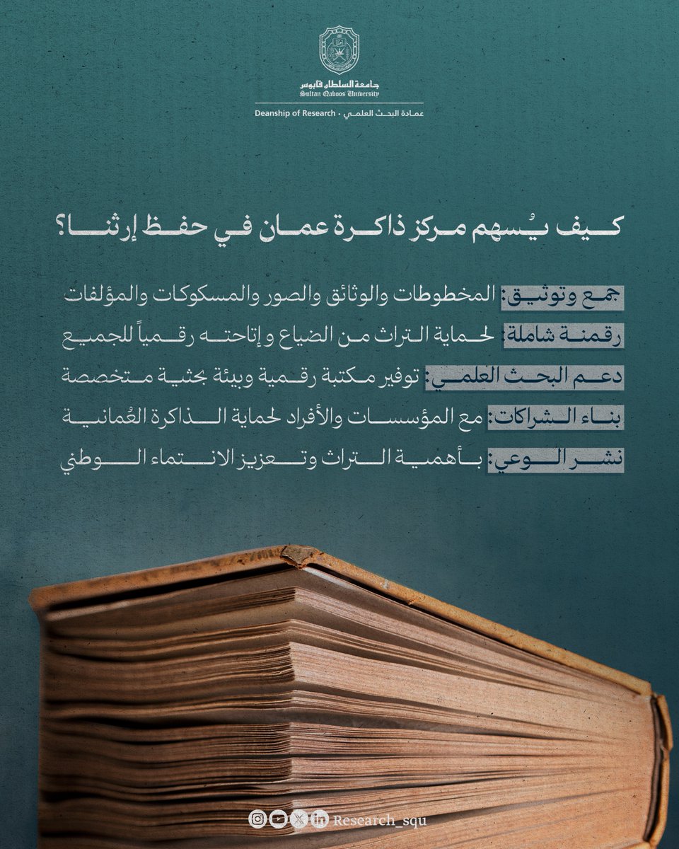 Research_SQU's tweet image. نموذج للمراكز الثقافية الخاصة: كيف يحفظ مركز ذاكرة عمان كنوزنا التاريخية ويسهم في صون هويتنا العُمانية؟
jass.squ.edu.om/journal/vol16/…
@tha_oman
#نبحث_للغد
#جامعة_السلطان_قابوس