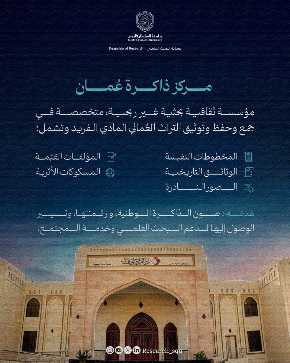 Research_SQU's tweet image. نموذج للمراكز الثقافية الخاصة: كيف يحفظ مركز ذاكرة عمان كنوزنا التاريخية ويسهم في صون هويتنا العُمانية؟
jass.squ.edu.om/journal/vol16/…
@tha_oman
#نبحث_للغد
#جامعة_السلطان_قابوس