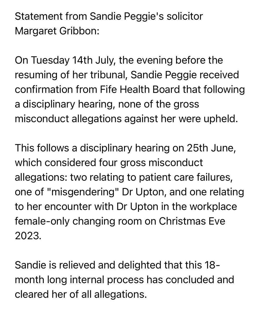 NEW: Nurse Sandie Peggie has been cleared by NHS Fife bosses in an internal disciplinary procedure. Comes as her tribunal against restarts today. Statement from her lawyer below 👇🏻

Story of tribunal so far here: Changing room row tribunal set to resume lbc.co.uk/news/uk/changi…