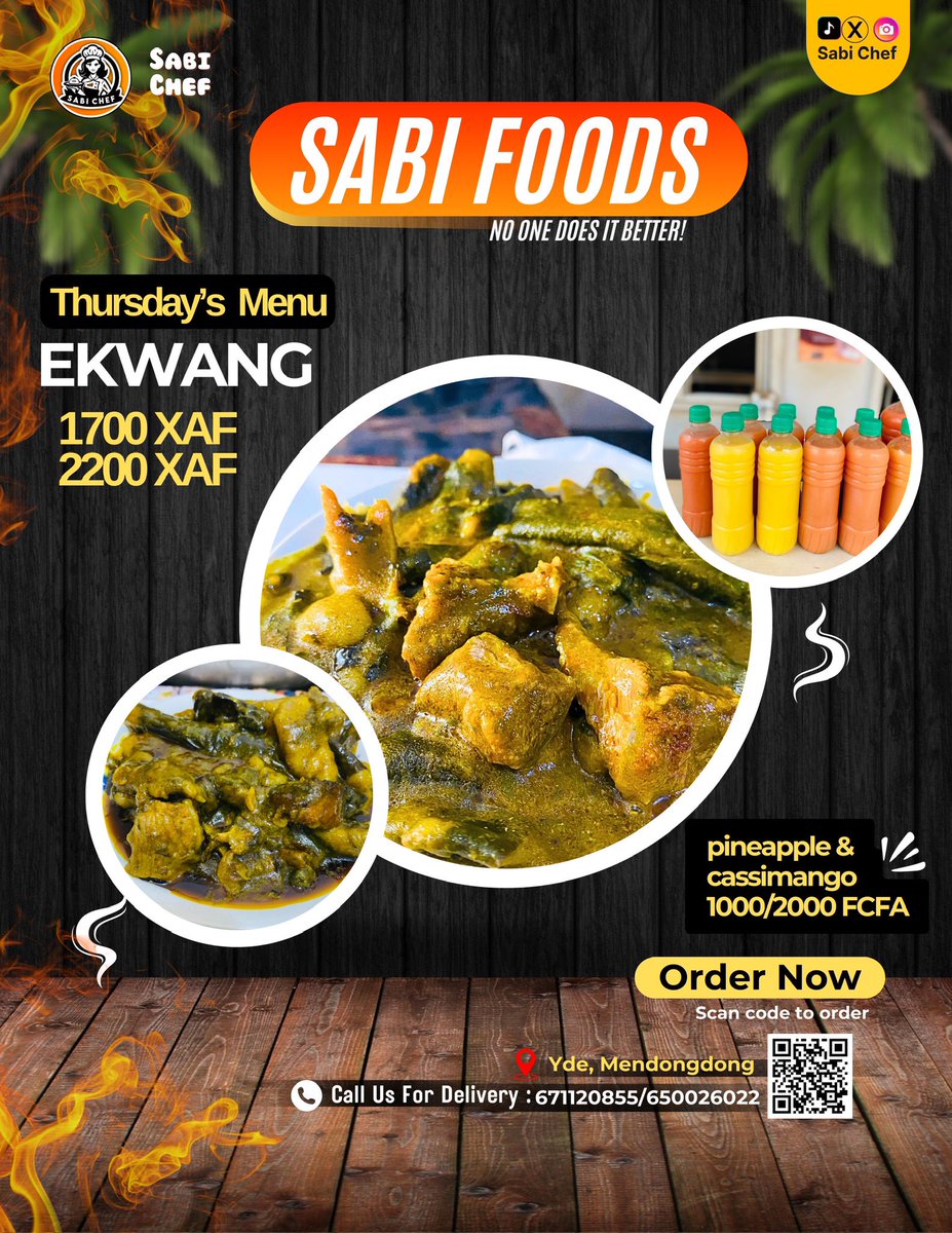 Hello yummies 😋
 We’re currently taking orders for our delicious Ekwang, which will be available tomorrow 🤗

Regular packs: 1700 XAF
Big packs: 2000 XAF

kindly call or WhatsApp 650026022 to order.